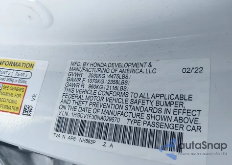 2022 Honda Accord Sport z USA, uszkodzony, nr VIN 1HGCV1F30NA029670